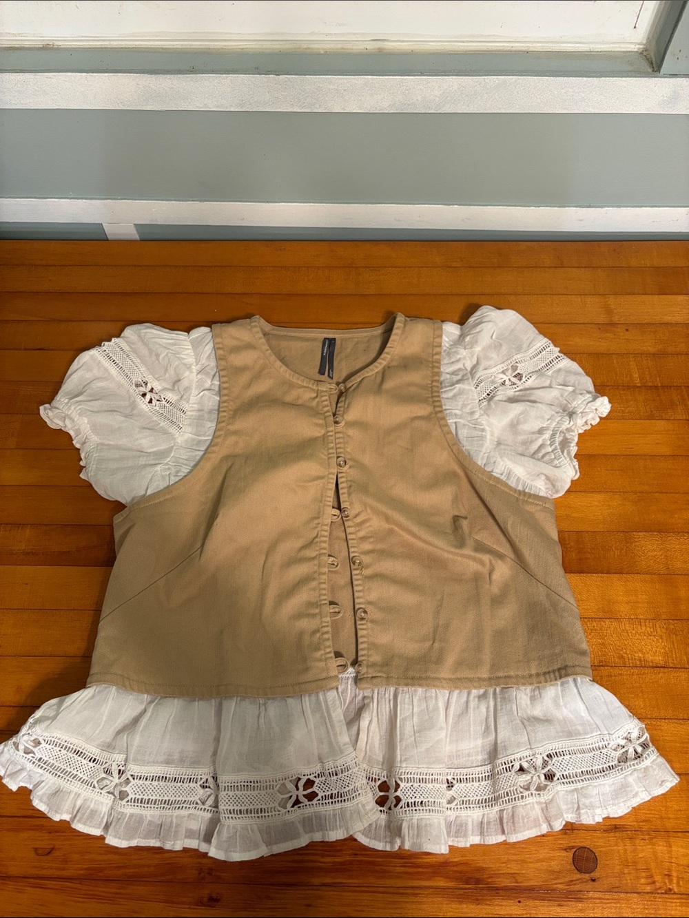 Anthropologie Cream Puff-Sleeve Blouse with Tan Vest Overlay